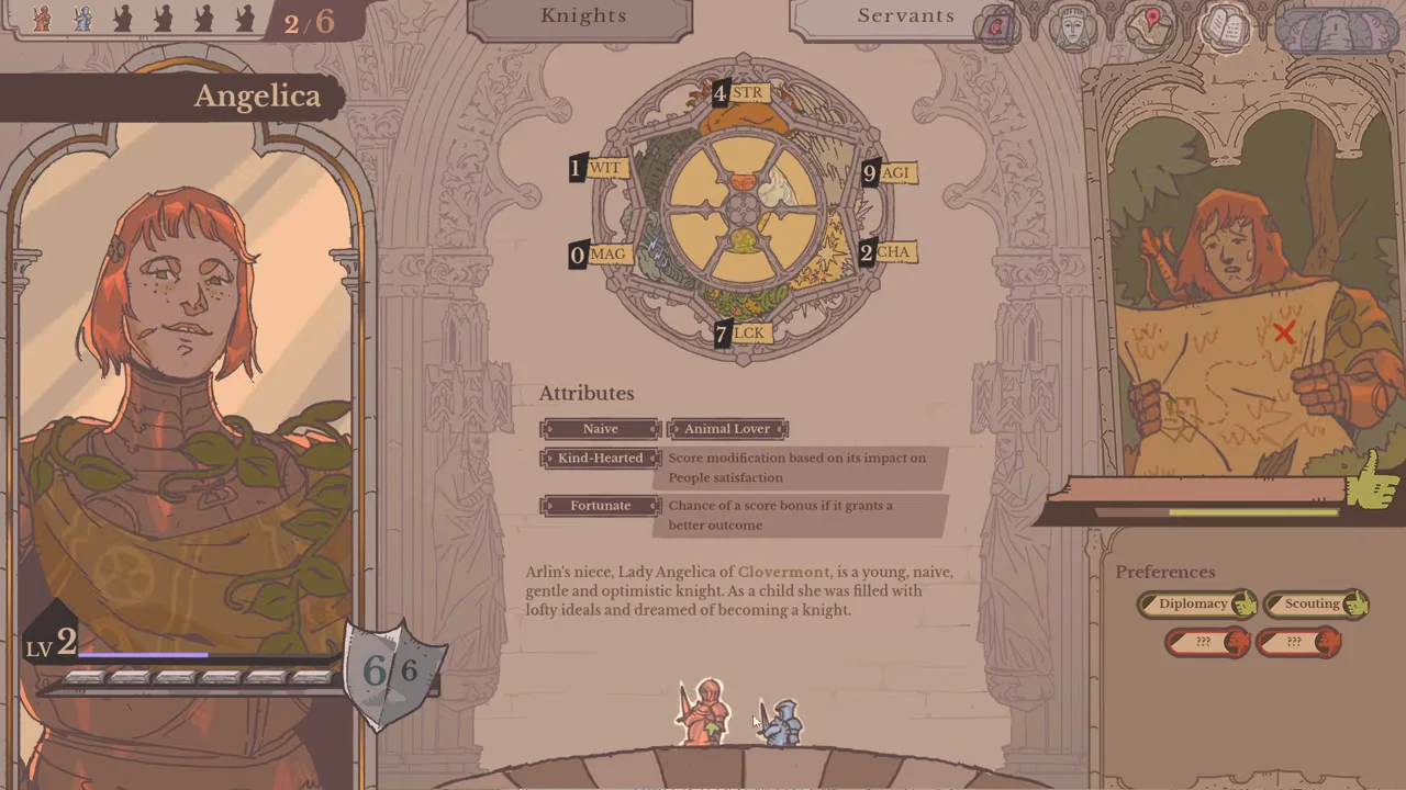 Angelica selected in Knights with named Preferences and the personal thumbs-up gauge
