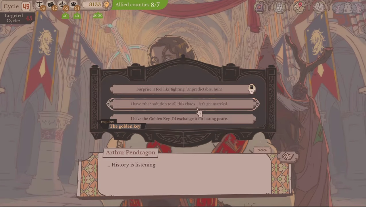 Arthur menu with marriage and Golden Key peace responses; the key response has a requirement label.