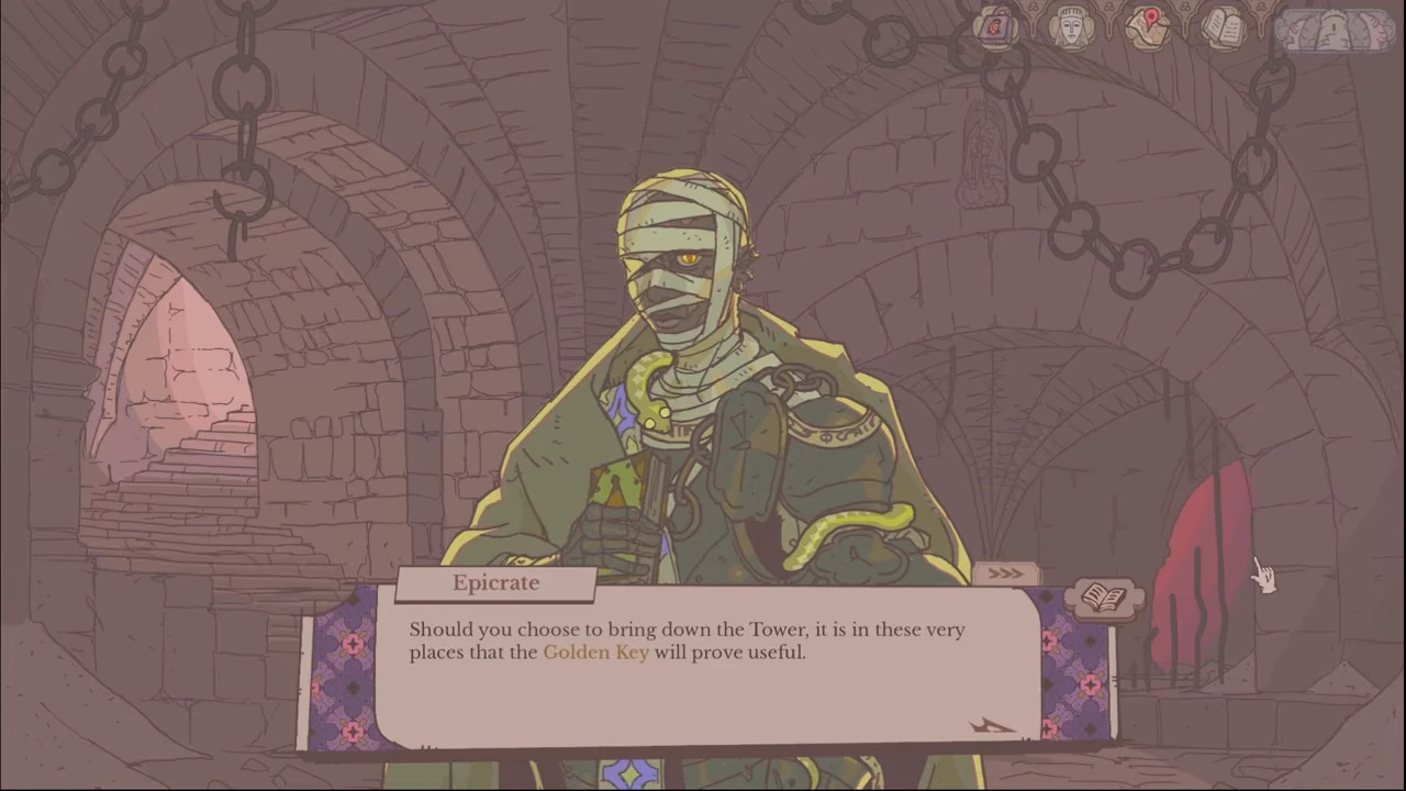 Epicrate in the Crypt explaining that the Golden Key is used there to bring down the Tower.