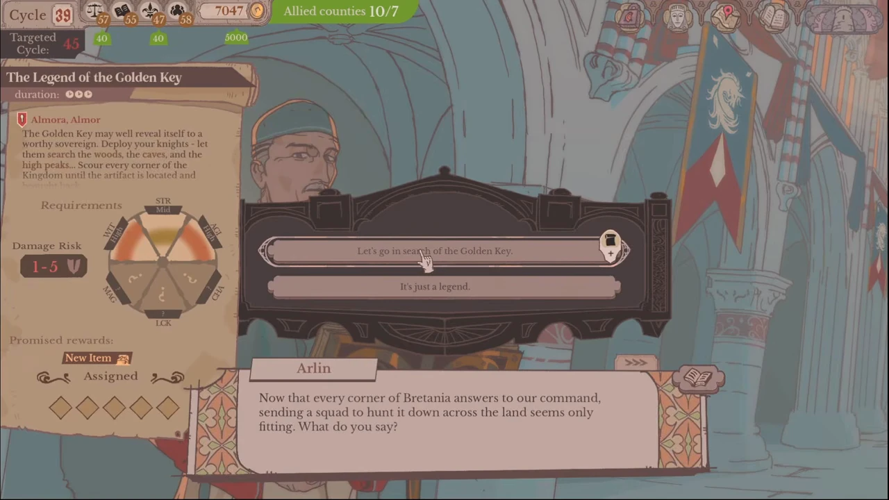 Arlin offering The Legend of the Golden Key with a search response and five empty assignment places.