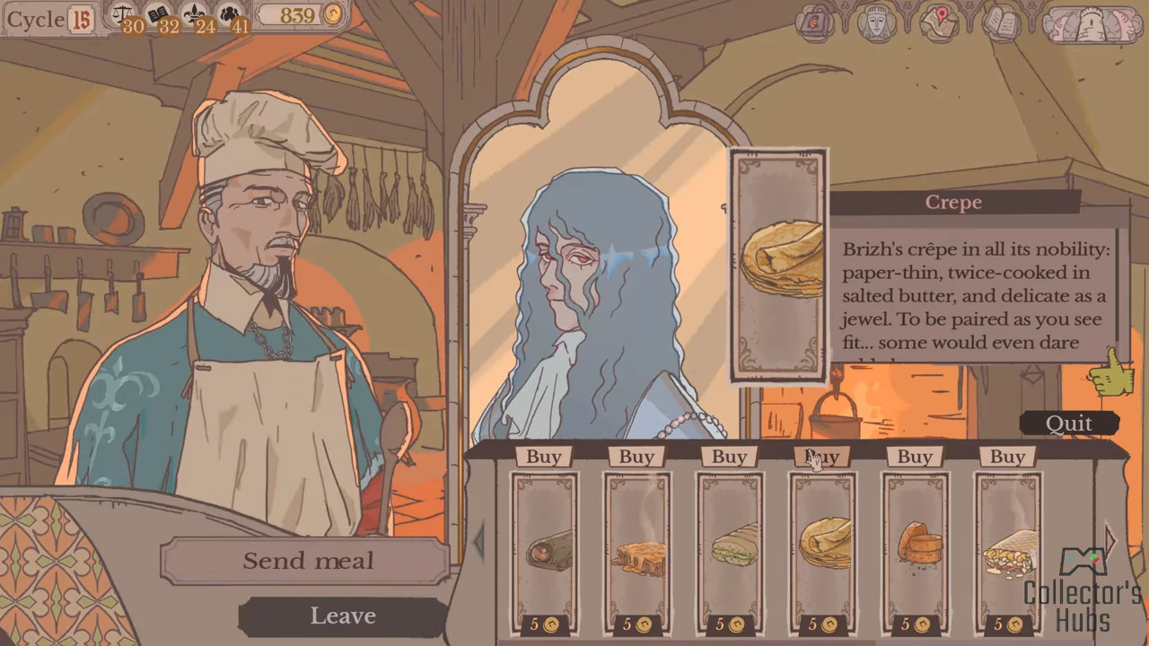 Crepe card with a Buy button and a five-coin price while Gideon is selected.