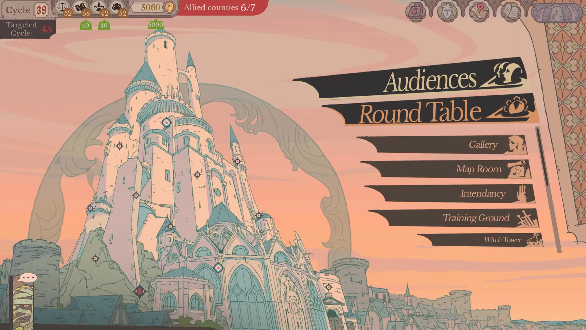 Epicrates’s bandaged portrait and speech bubble at the lower left of the tower screen.
