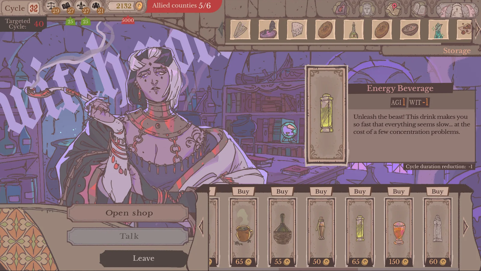 Alchemy shop with Energy Beverage selected and its cost and attribute effects visible